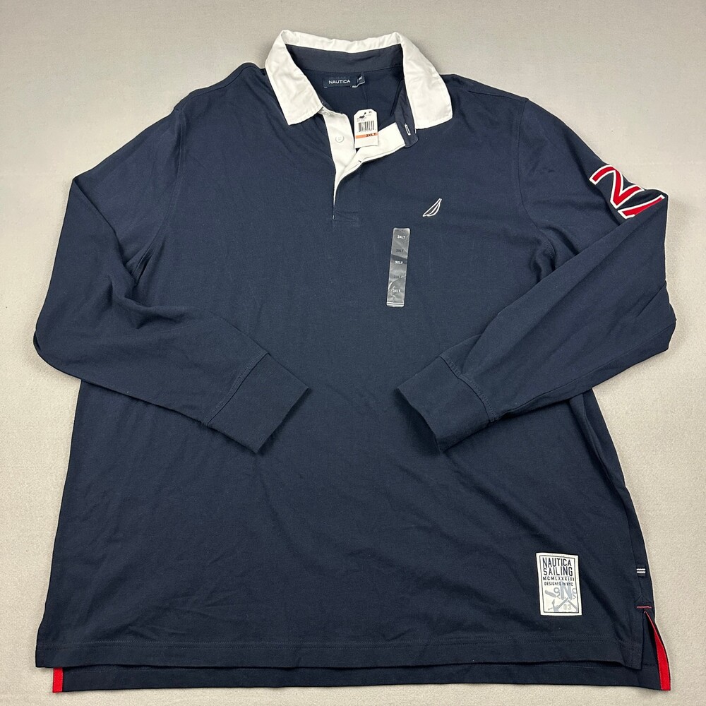 Nautica Polo Shirt Men 3XL Navy Blue Spell Out Sleeve Rugby Sailing 3XLT